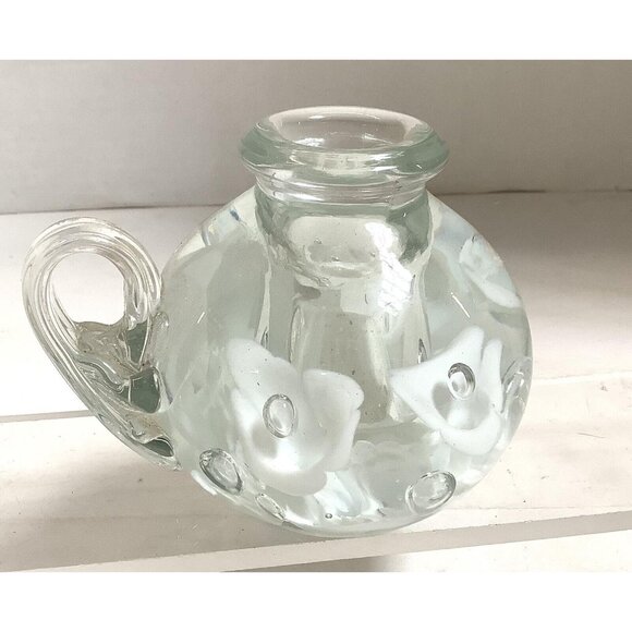 1973 St Clair White Flower Controlled Bubble Glass Candleholder Paperweight NOS - Picture 2 of 5